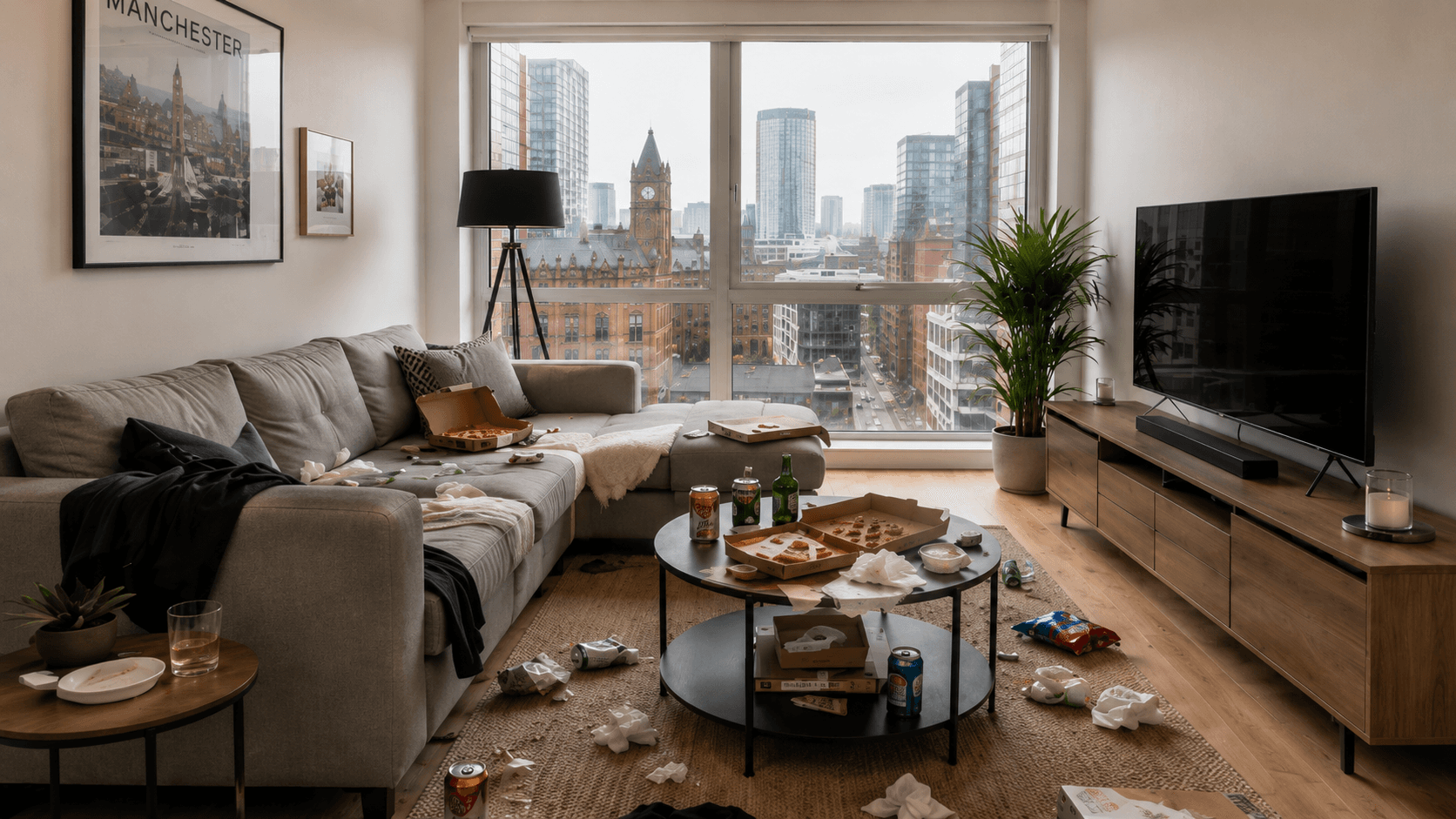 Living room before clean -- cluttered